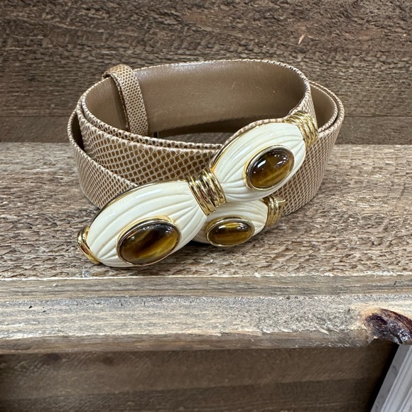 Judith Leiber Adjustable Embellished Leather Belt | Gold & Ivory | S–XL - Picture 3 of 8